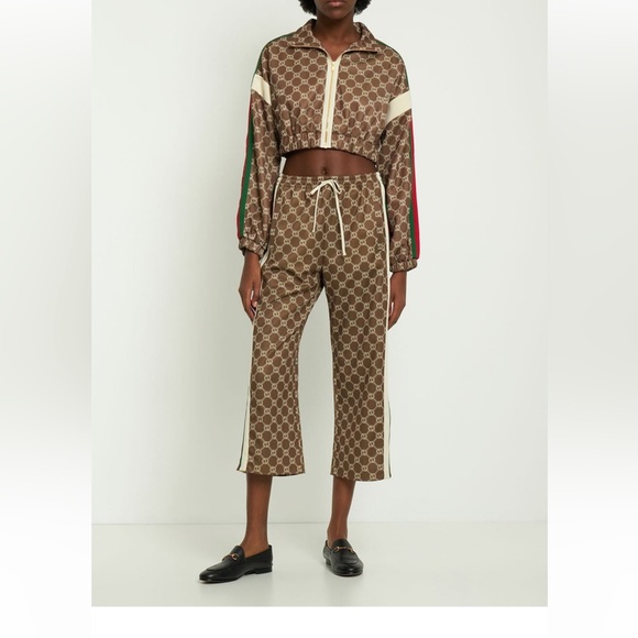 NEW!  Gucci Brown Technical Jersey Monogram  Logo Cropped Jacket - S - Picture 2 of 14